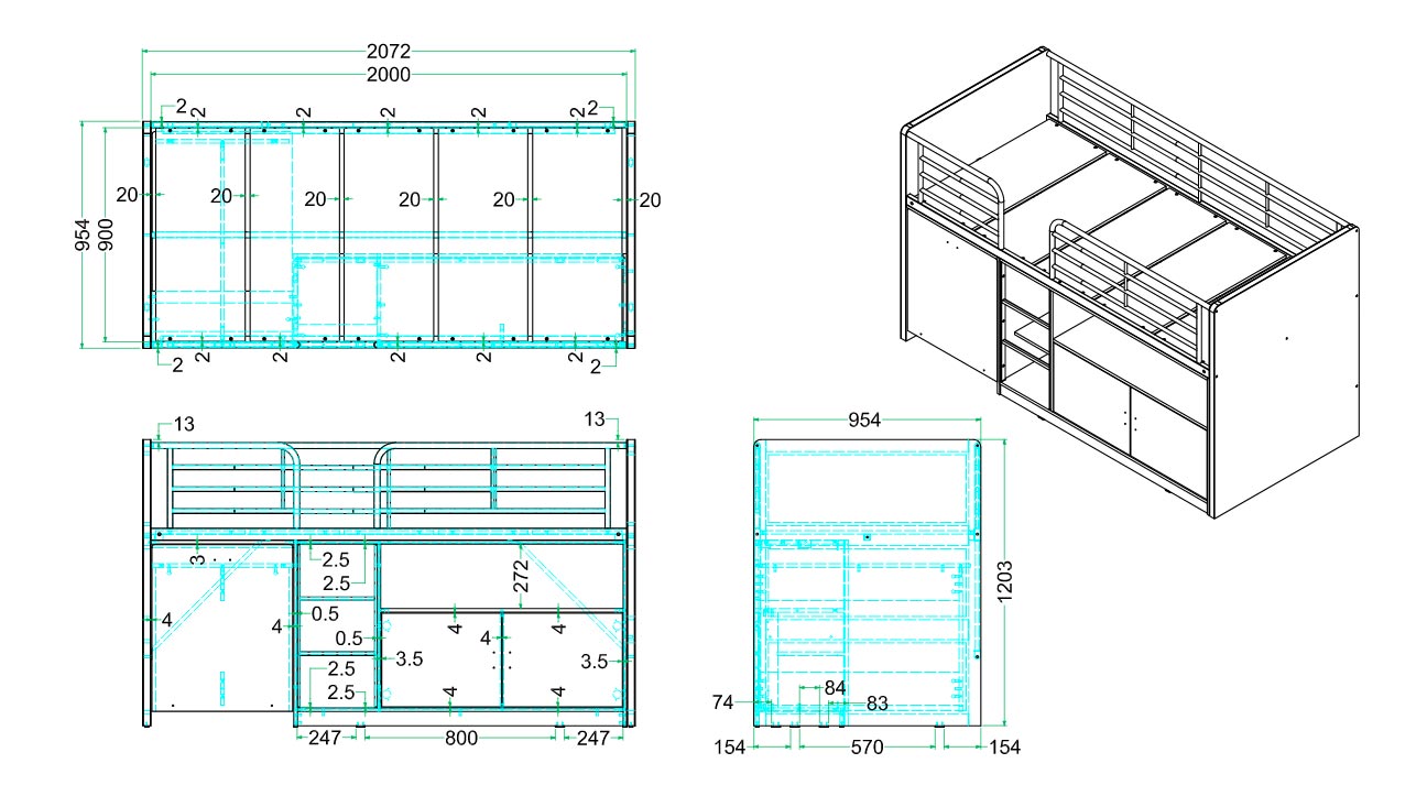 Letto salvaspazio camerette con scrivania, disponibile in 7 finiture