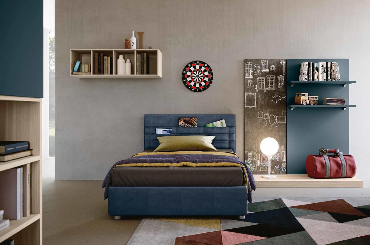 Cameretta con armadio scorrevole e letto imbottito, finitura Petrolio, Orzo e Olmo 