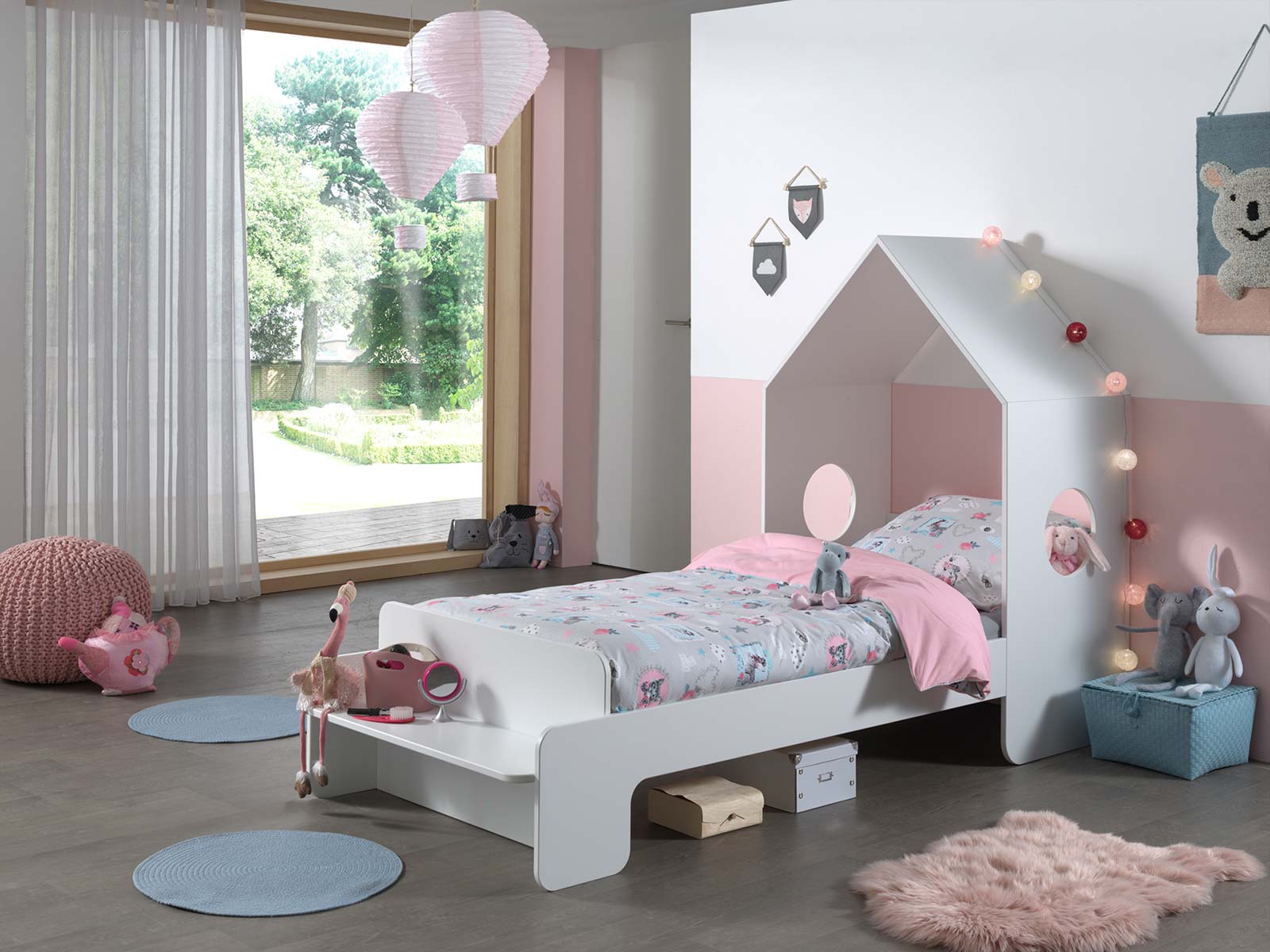 Letto singolo design casetta per bambini, bianco laccato