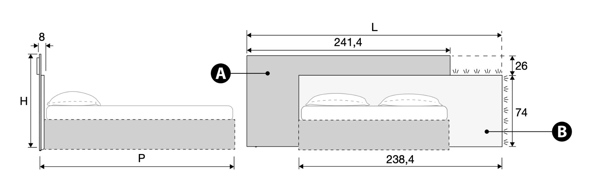 Letto matrimoniale contenitore, Orzo e Noce biondo, testiera riducibile
