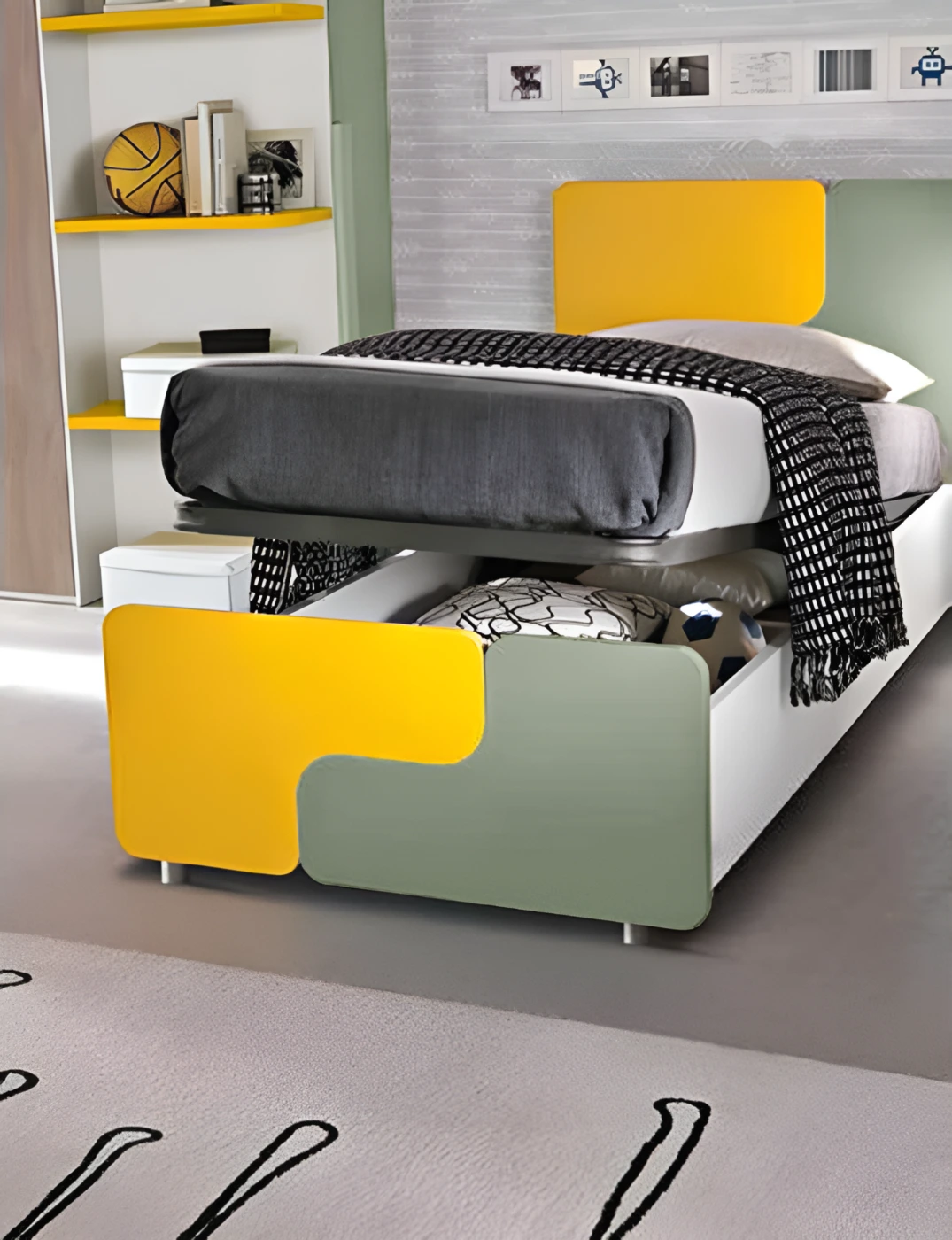 Camera completa per ragazzi in Salvia, Girasole e Gessato canapa