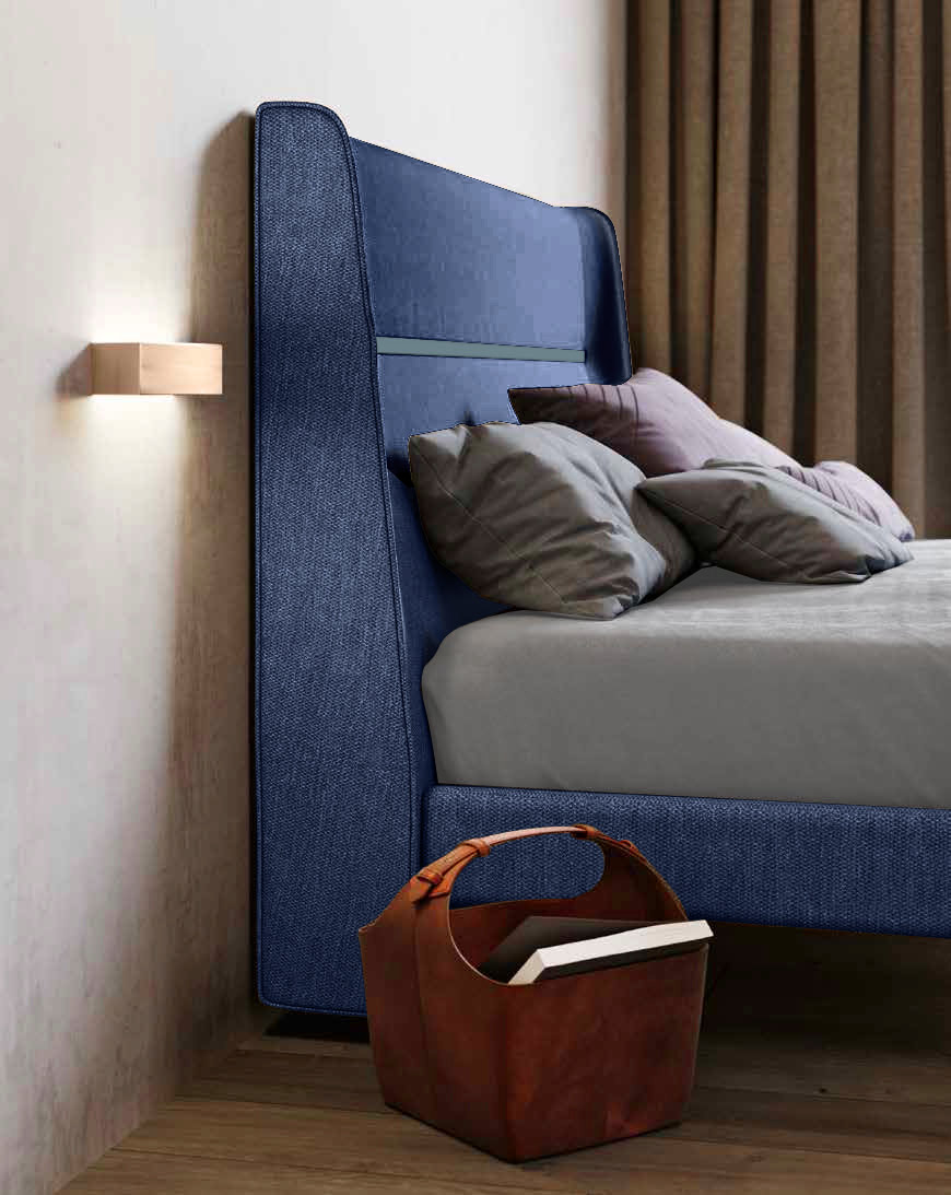 Letto matrimoniale king size, tessuto Denim con inserto finitura Petrolio