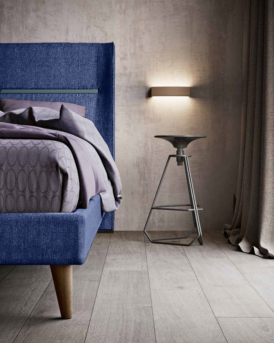 Letto matrimoniale king size, tessuto Denim con inserto finitura Petrolio