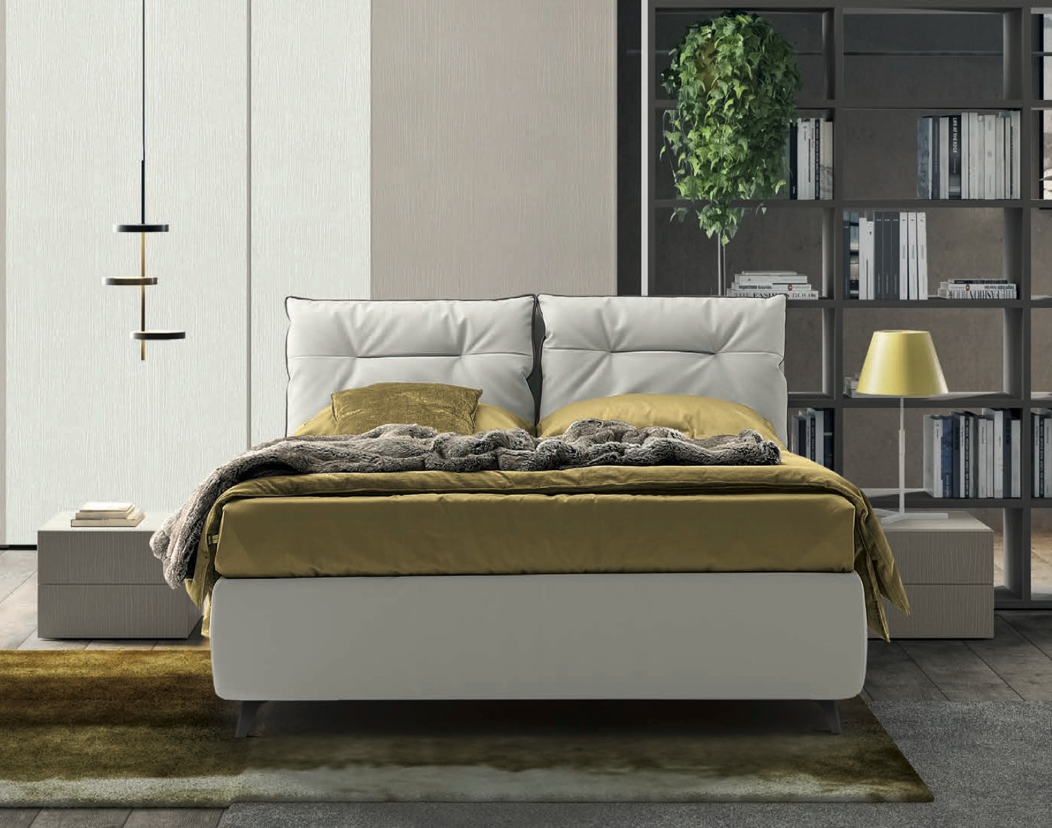 Letto matrimoniale con cuscini in ecopelle Bianco candido