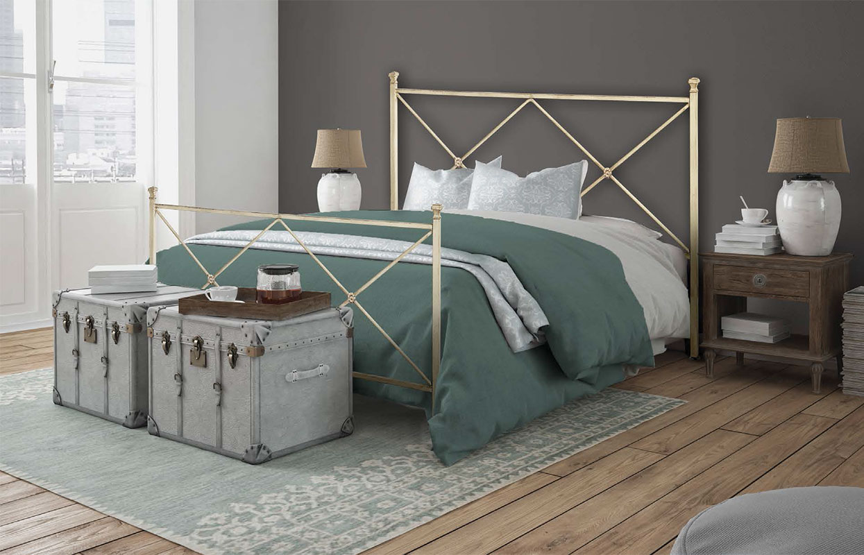 Letto in ferro Babbitt matrimoniale, finitura Avorio anticato oro