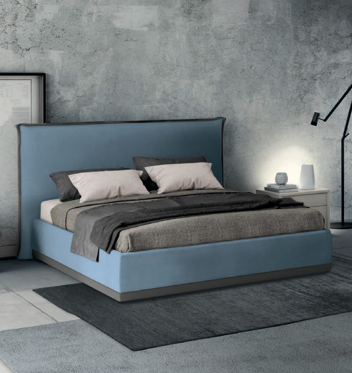 Letto imbottito ecopelle matrimoniale in finitura Fiordaliso e Elephant