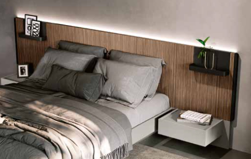 Letto matrimoniale contenitore Efeso, finitura cannettato e grigio seta