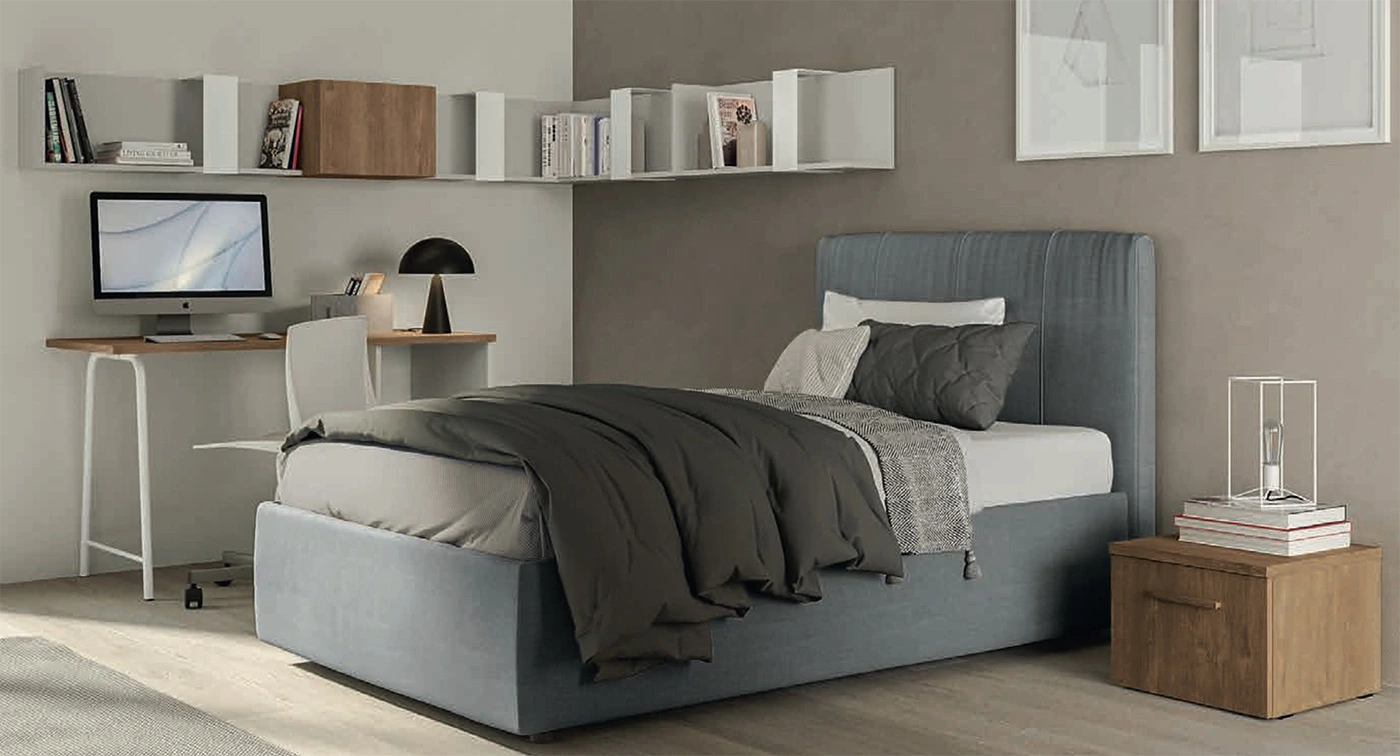 Camera per ragazzi con letto in tessuto, Rovere cognac e Cemento artico