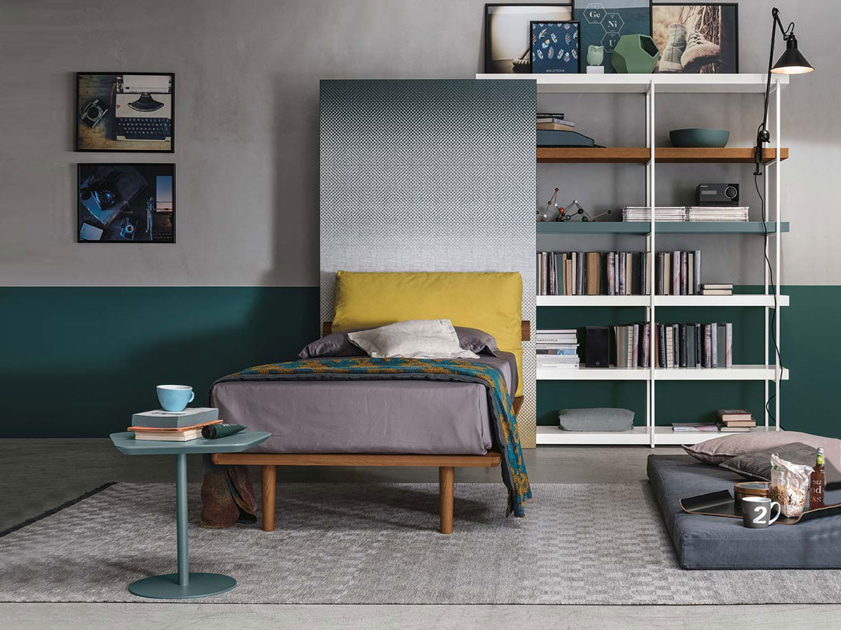 Letto singolo con cuscino, finitura Nodato scuro e tessuto Giallo