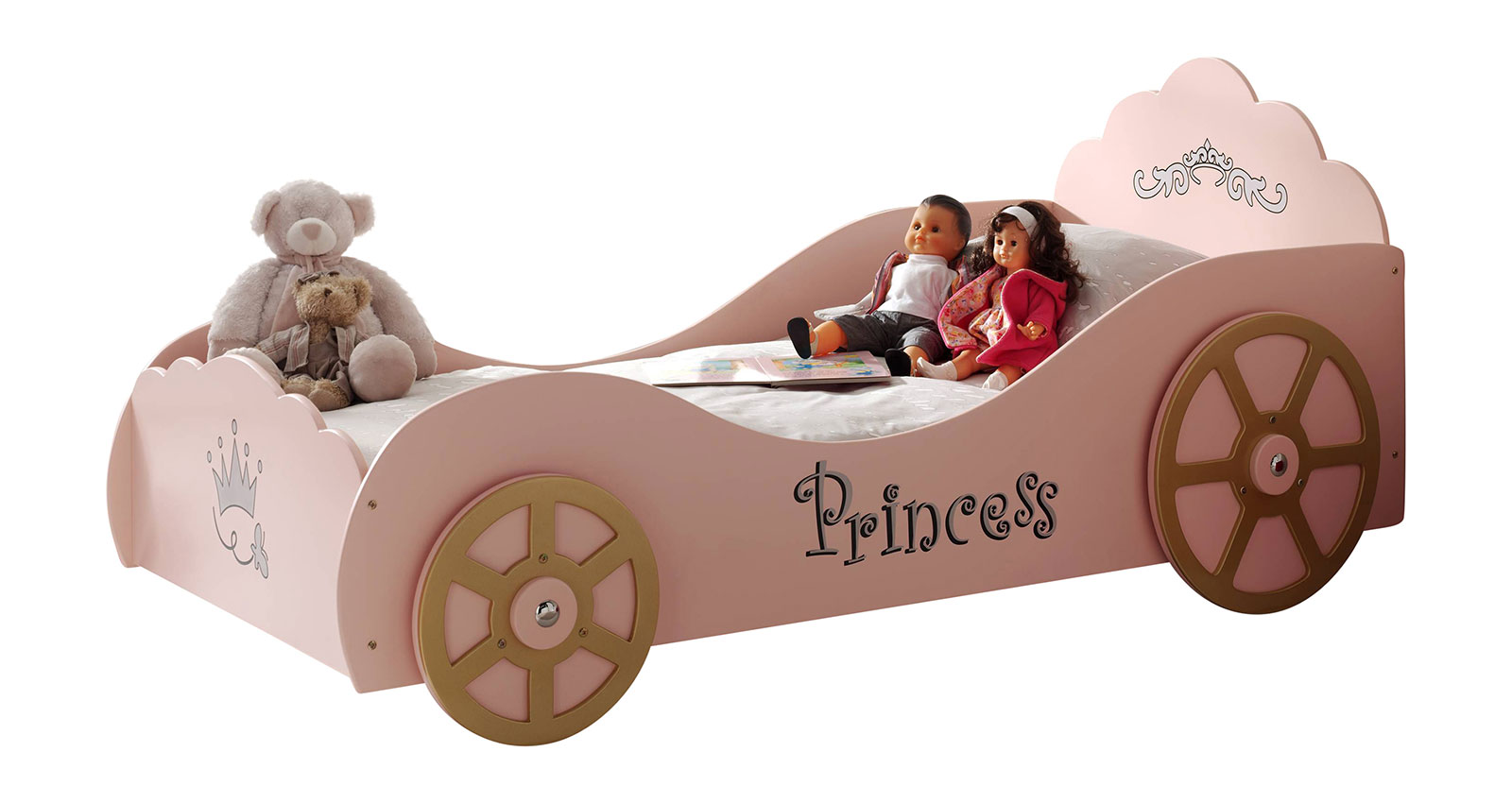 Letto principessa per bambine design macchina, finitura Rosa laccato