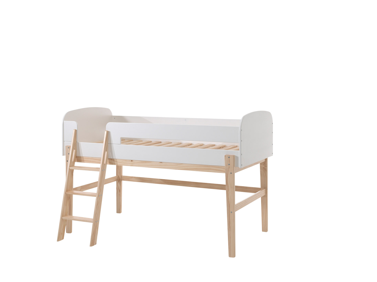 Letto singolo con scaletta, Bianco laccato e Pino massello