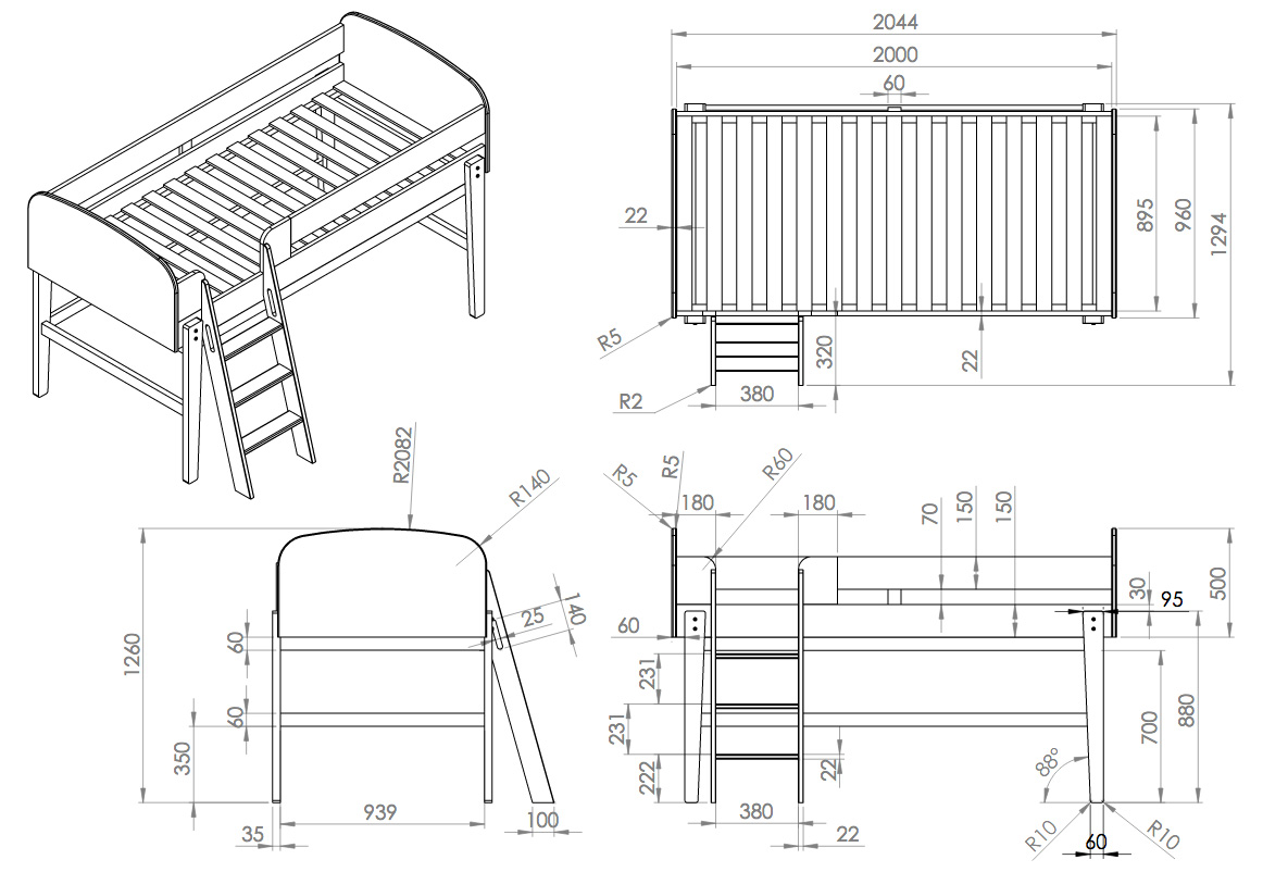 Letto singolo con scaletta, Bianco laccato e Pino massello