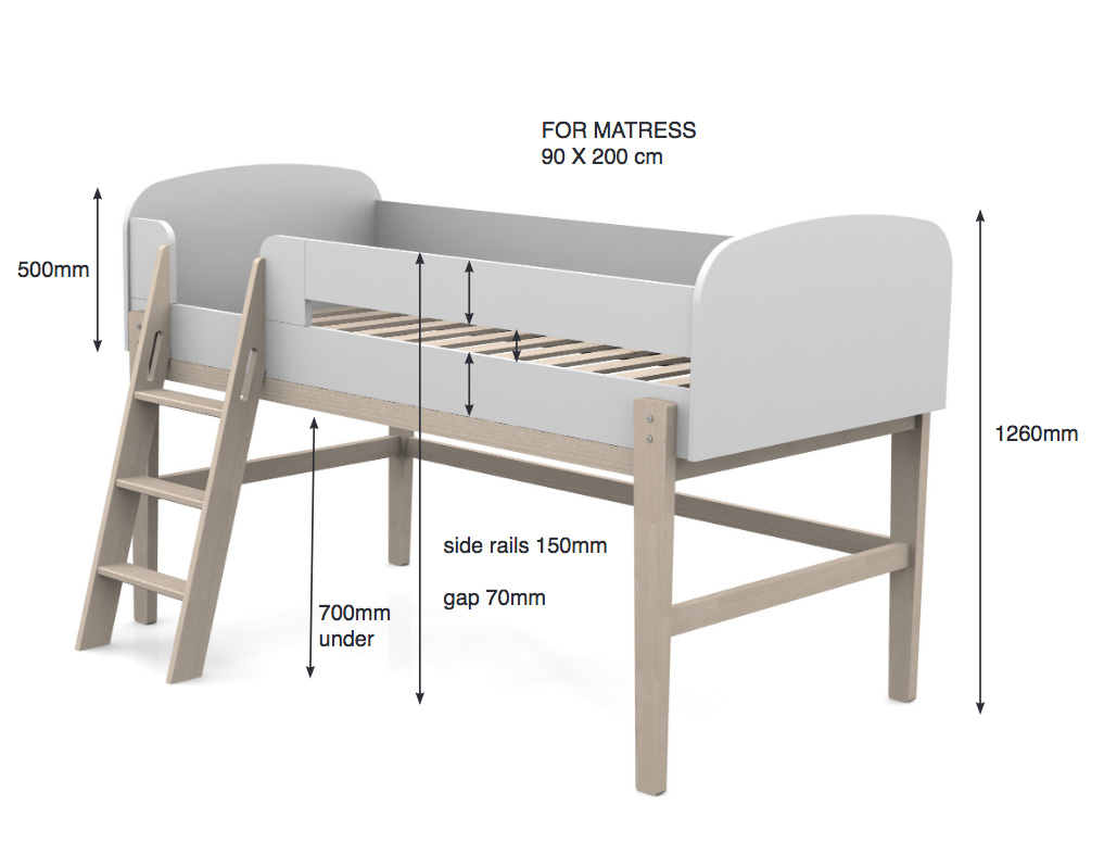 Letto singolo con scaletta, Bianco laccato e Pino massello