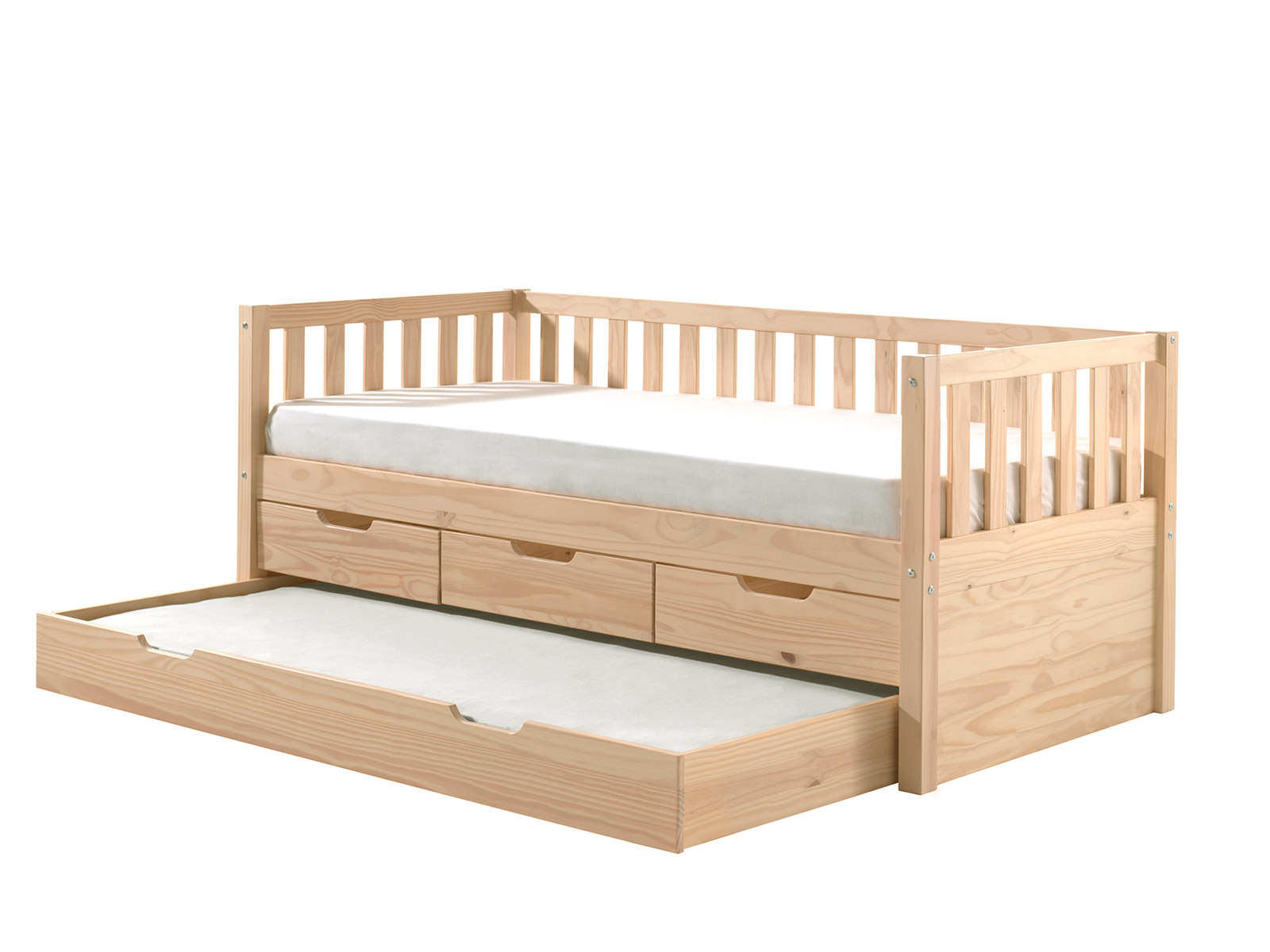 Divano letto pino massello con secondo estraibile e 3 cassetti, disponibile in due colorazioni