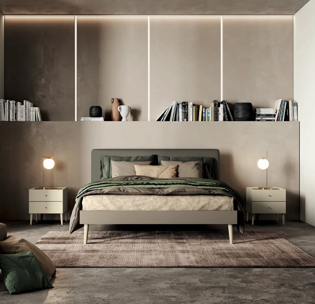 Letto matrimoniale testata Ecopelle in finitura Moka e Tenda