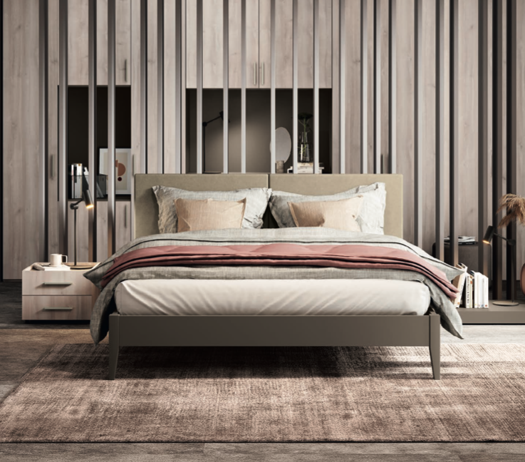 Letto matrimoniale con alloggiamento posteriore, finitura Moka e Papyrus