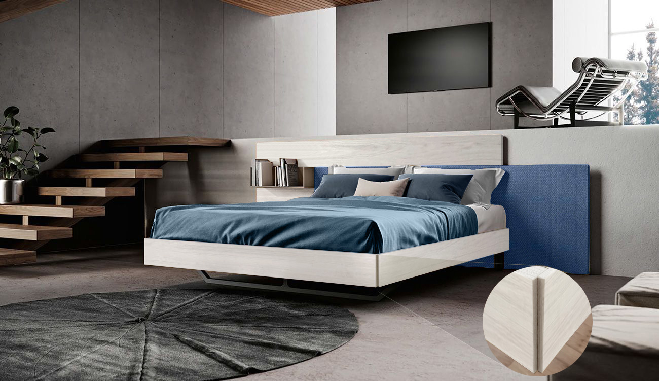 Letto matrimoniale moderno bianco altea con inserto tessuto azzurro