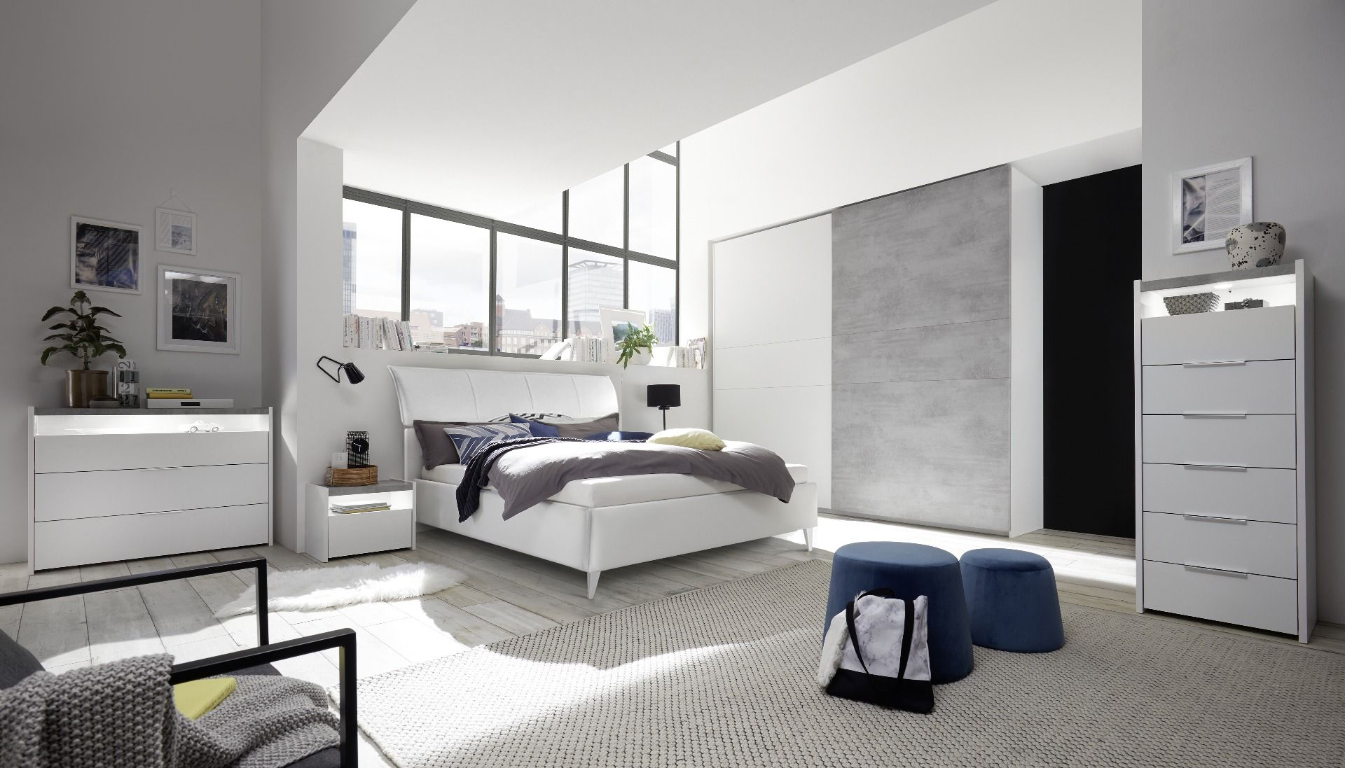 Camere matrimoniale Bianca Opaco e Beton con armadio e comodini