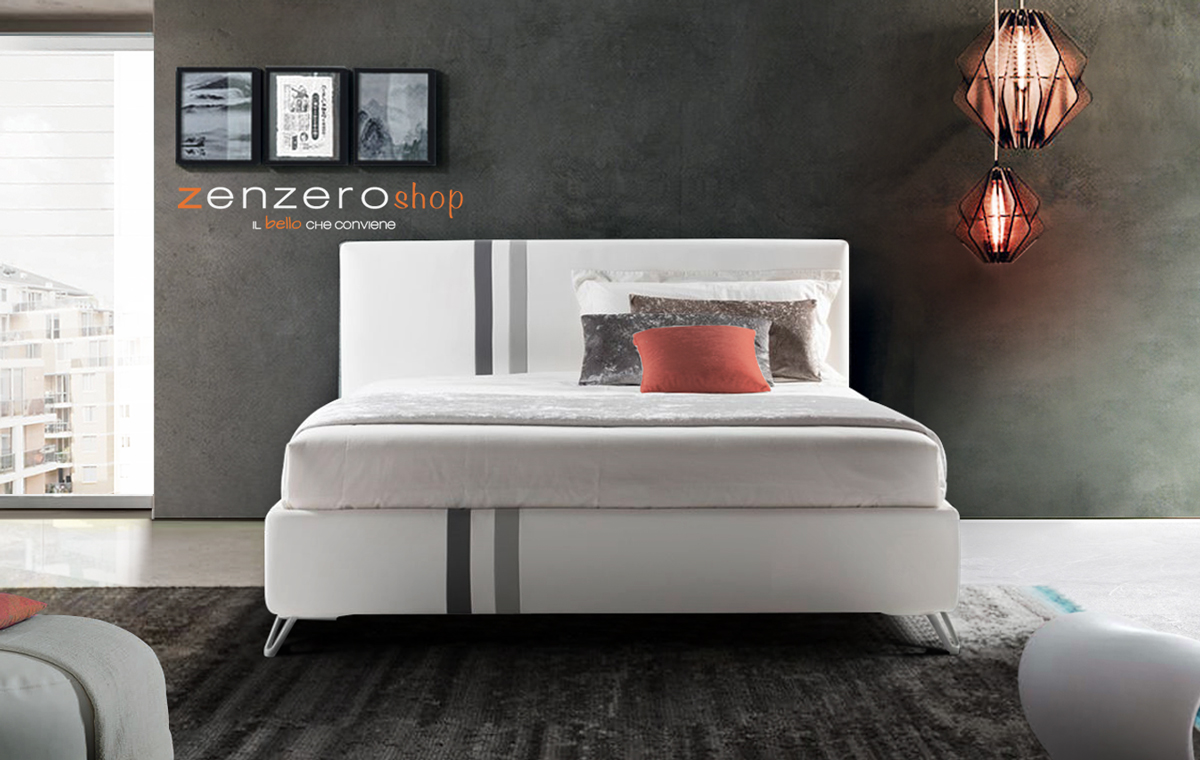 Letto contenitore Zadok in ecopelle in finitura bianco, grigio perla ed antracite