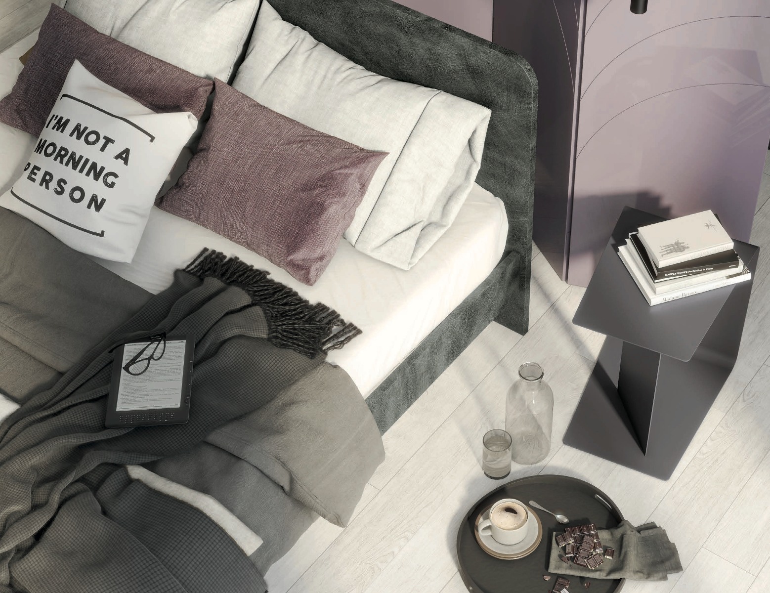 Letto matrimoniale bicolor, finitura Metal grey e Canapa