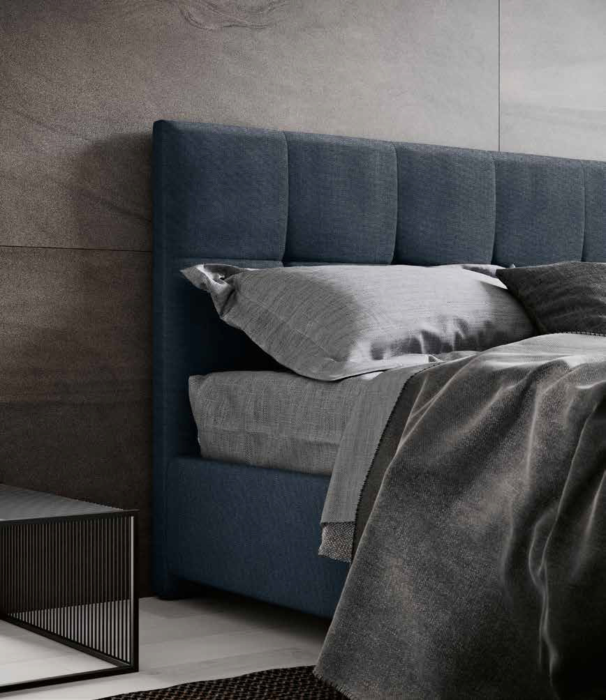 Letto matrimoniale imbottito blu notte, testata retrofinita