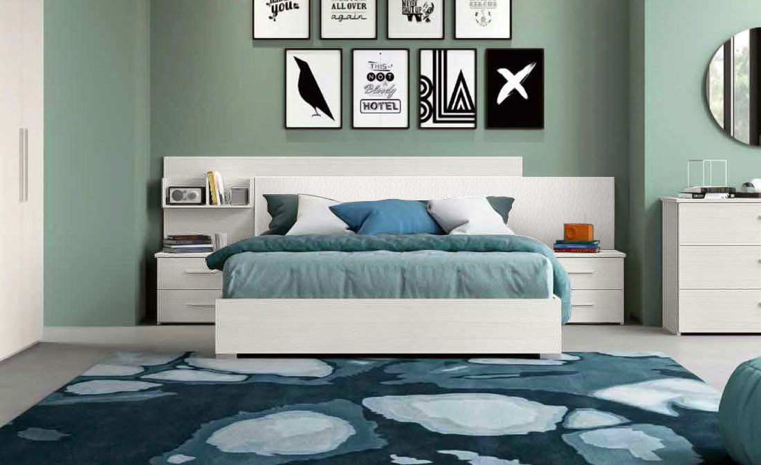 Letto matrimoniale contenitore con libreria in testata, colori Bianco altea e Dink bianco