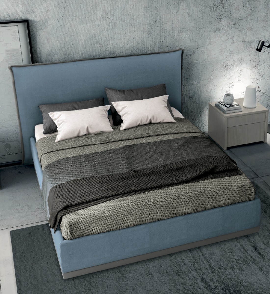 Letto imbottito ecopelle matrimoniale in finitura Fiordaliso e Elephant