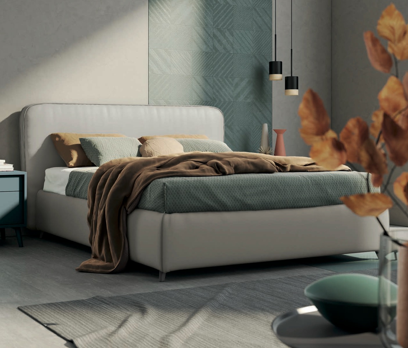 Letto matrimoniale imbottito, finitura ecopelle Creta