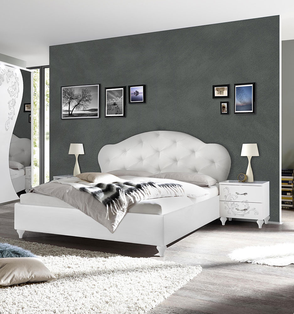 Letto contenitore matrimoniale con testata imbottita in finitura Bianco 