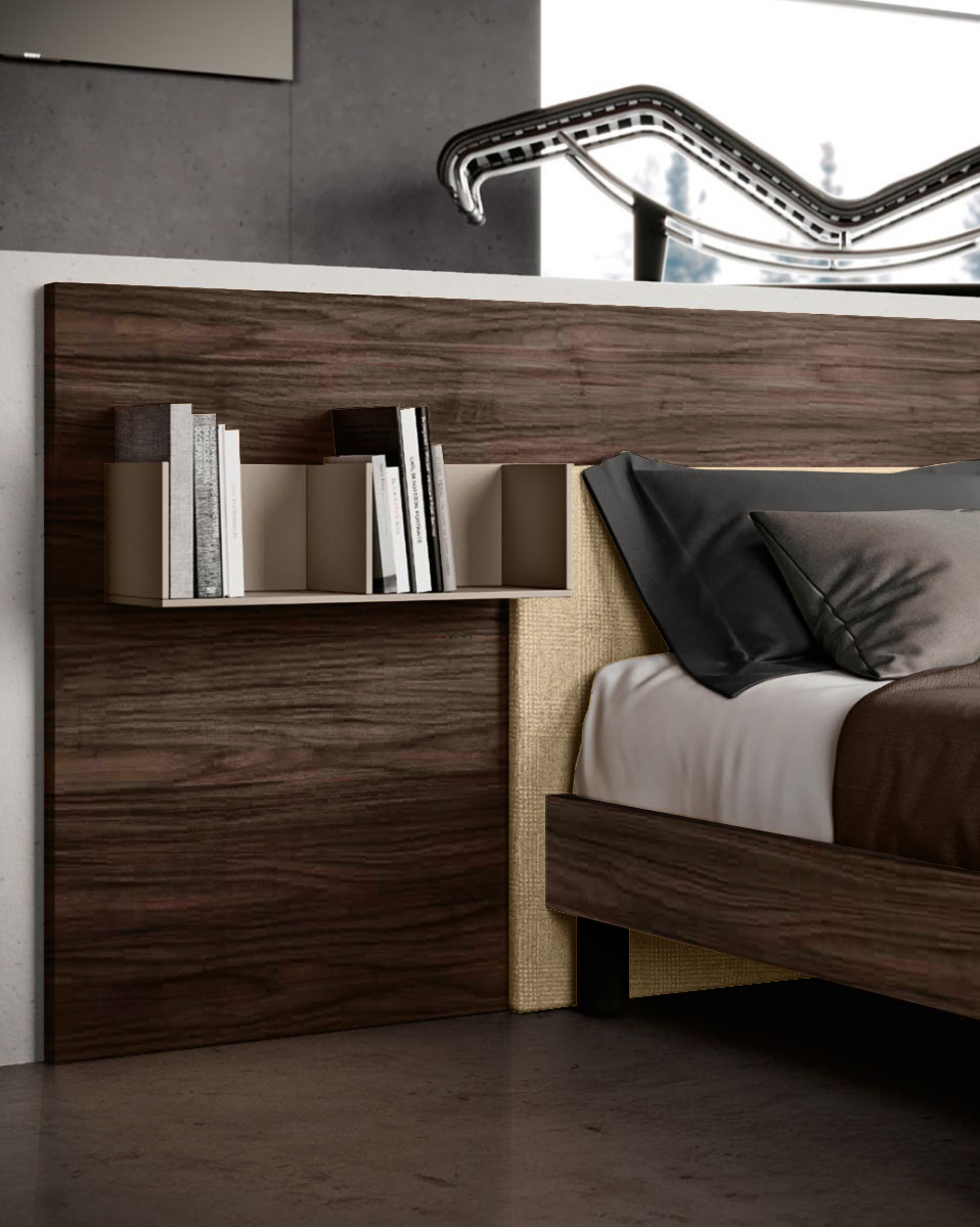 Moderno letto matrimoniale in finitura noce moro con inserto tessuto crema