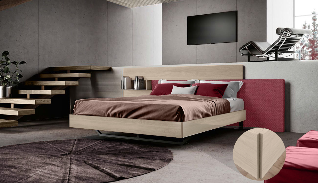 Letto matrimoniale con inserto tessuto in testata, finitura Olmo natura e Bordeaux