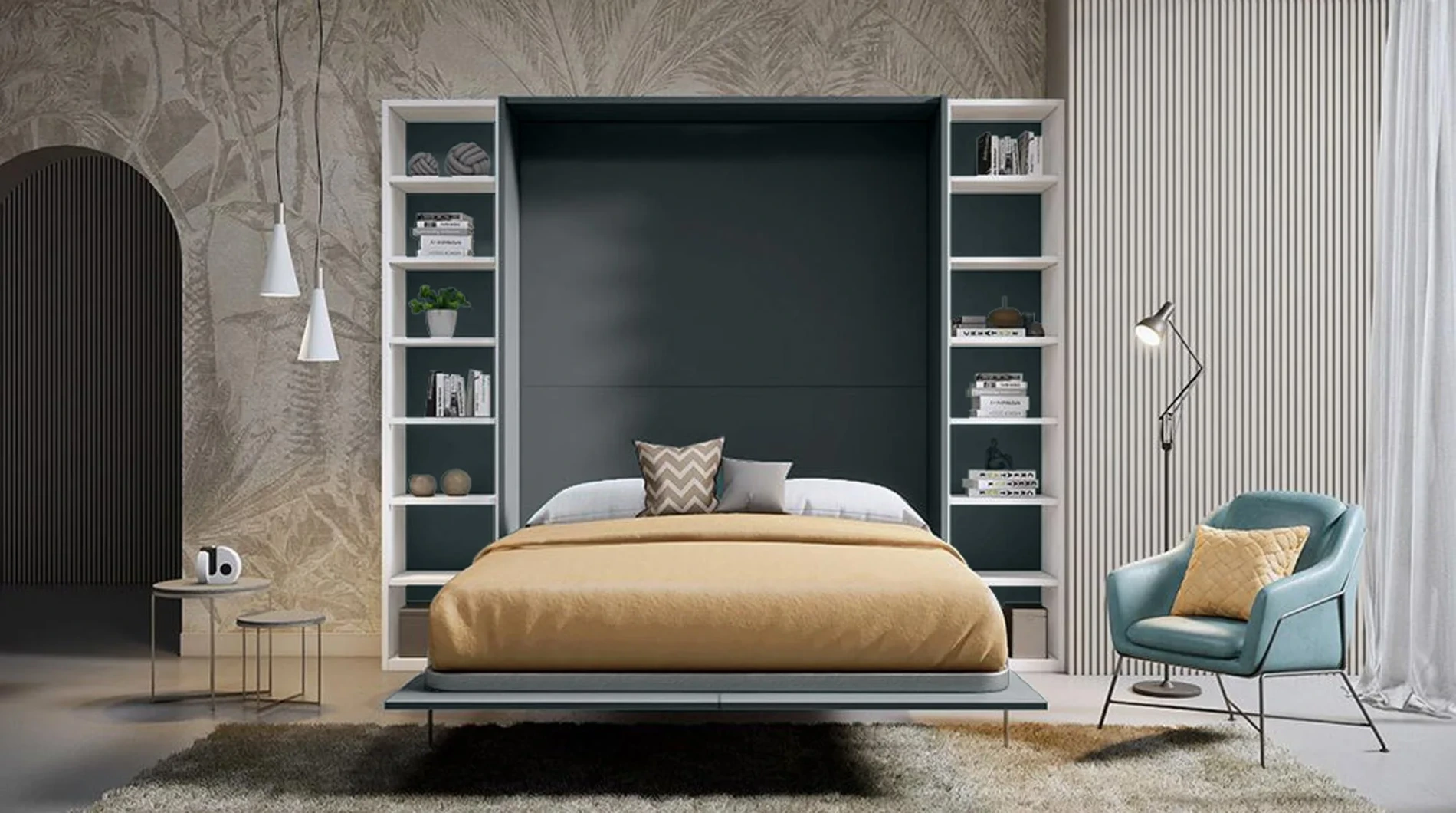 Letto salvaspazio matrimoniale con librerie, finitura Blu reale e Bianco frassino