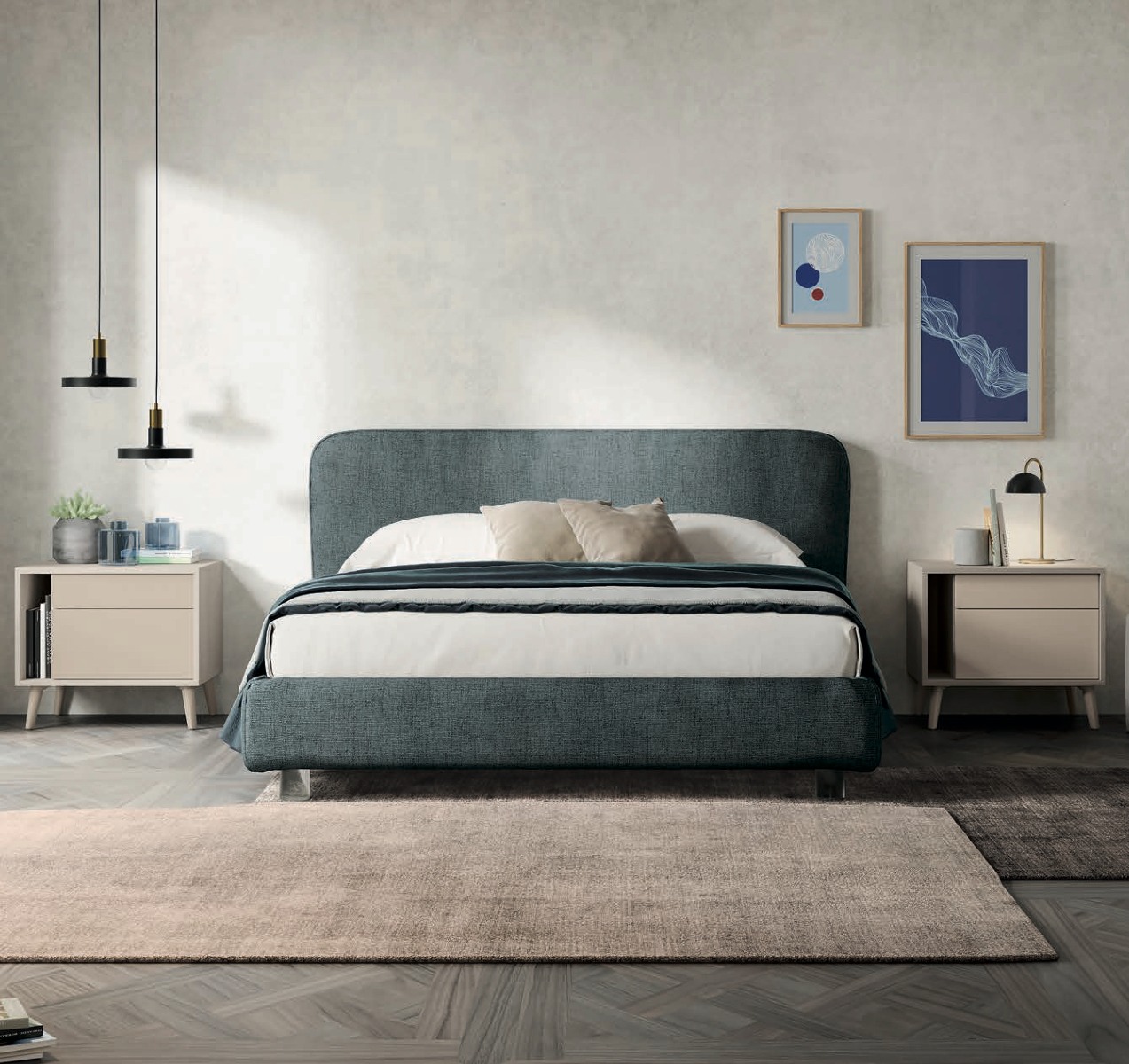 Letto matrimoniale imbottito, finitura tessuto Smoke