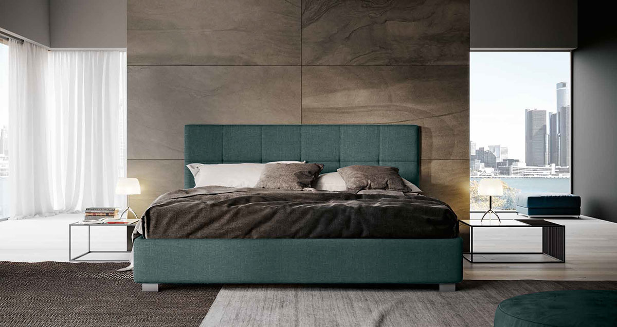 Letto matrimoniale king size imbottito verde bosco, testata retrofinita