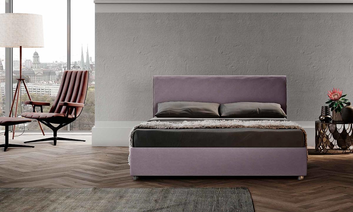 Letto matrimoniale viola, sfoderabile, testata retrofinita