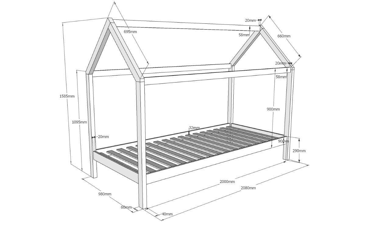 Letto singolo montessoriano casetta in pino massello, finitura naturale
