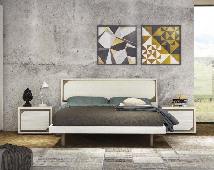 Camera da letto completa, finitura Olmo Bianco e letto ecopelle bianca, Made in Italy