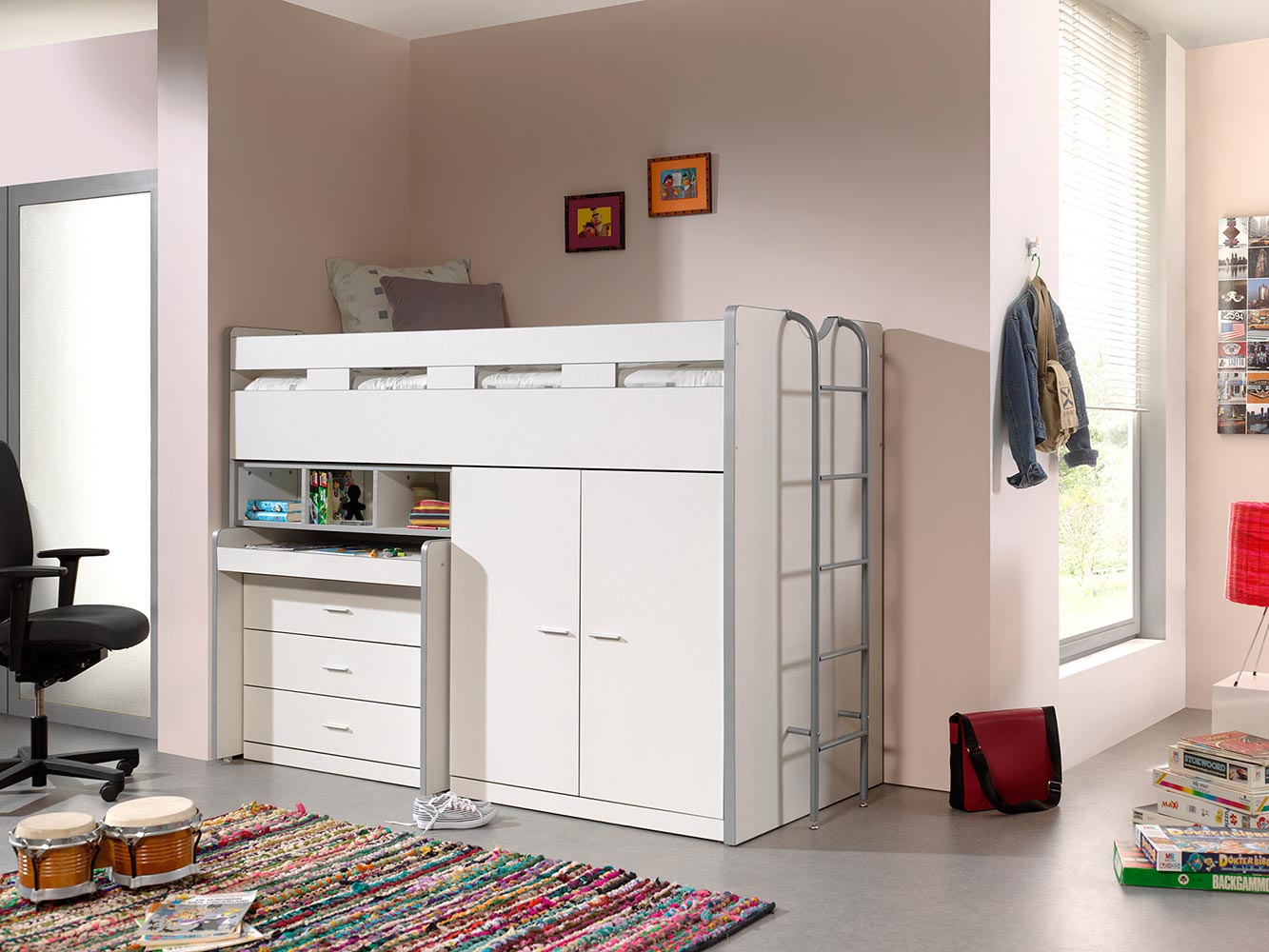 Letto multifunzionale con armadio e scrivania, disponibile in diverse finiture