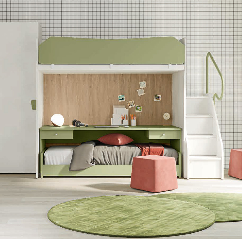 Cameretta con a letto castello e armadio angolare, finitura Cemento artico, Oliva e Royal oak
