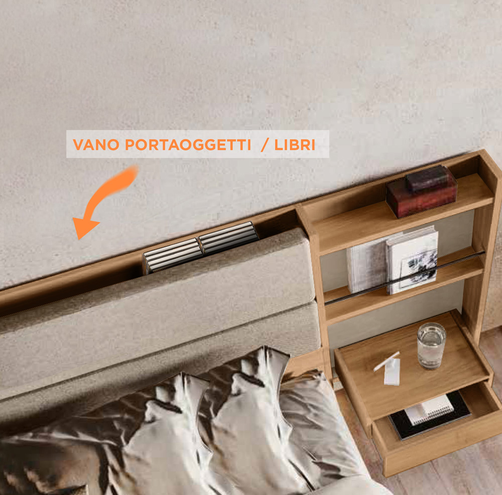 Letto matrimoniale contenitore Ester, finitura Noce biondo e Orzo con testata tessuto Grigio