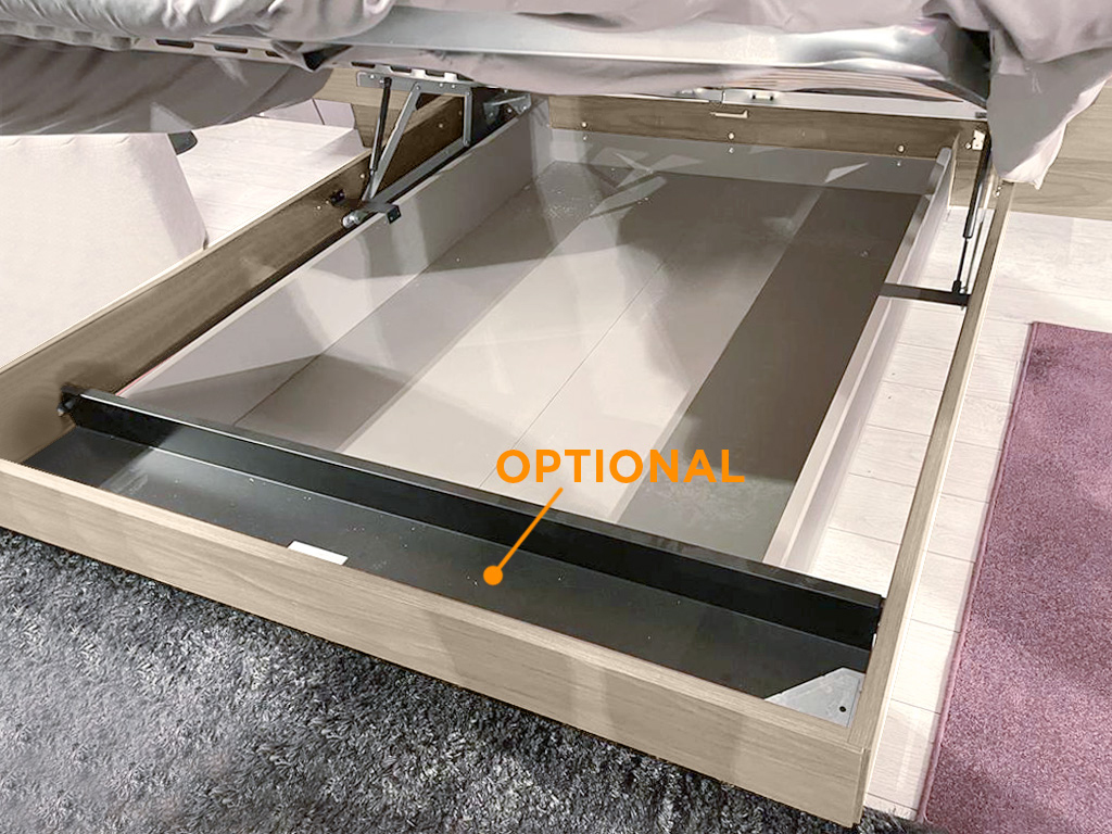 Letto contenitore matrimoniale Ester, finitura Bianco altea e Orzo con testata tessuto Beige