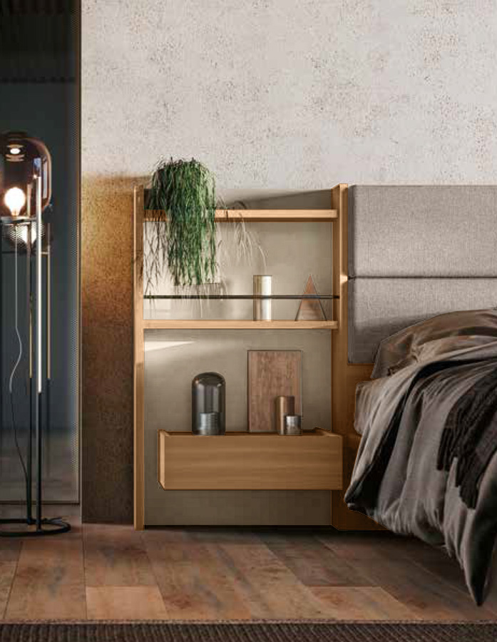 Letto matrimoniale contenitore Ester, finitura Noce biondo e Orzo con testata tessuto Grigio