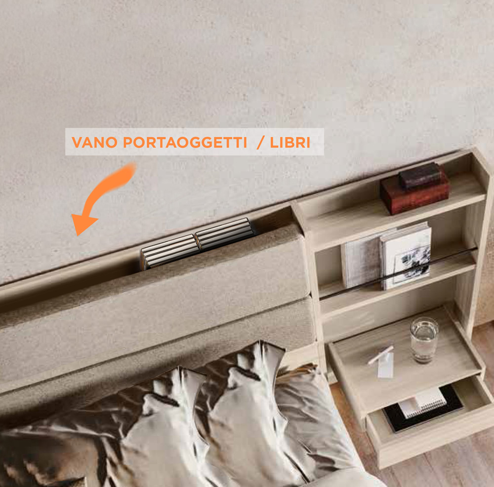 Letto contenitore matrimoniale Ester, finitura Bianco altea e Orzo con testata tessuto Beige