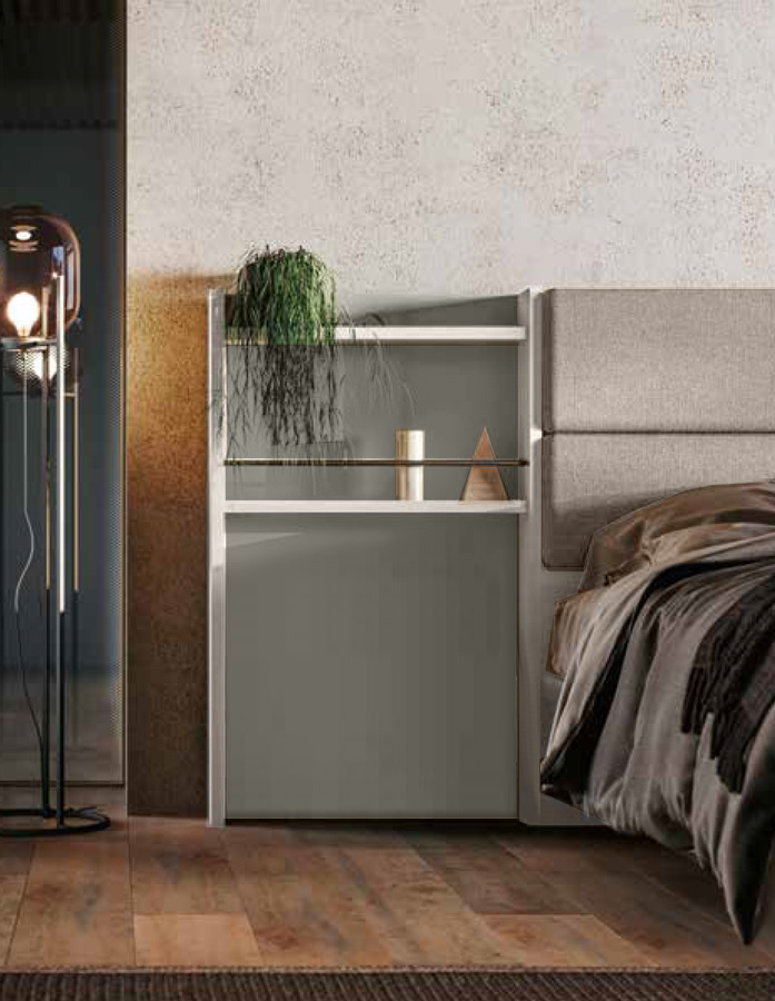 Letto matrimoniale Ester contenitore, finitura Bianco altea e Grigio seta con testata tessuto Grigio