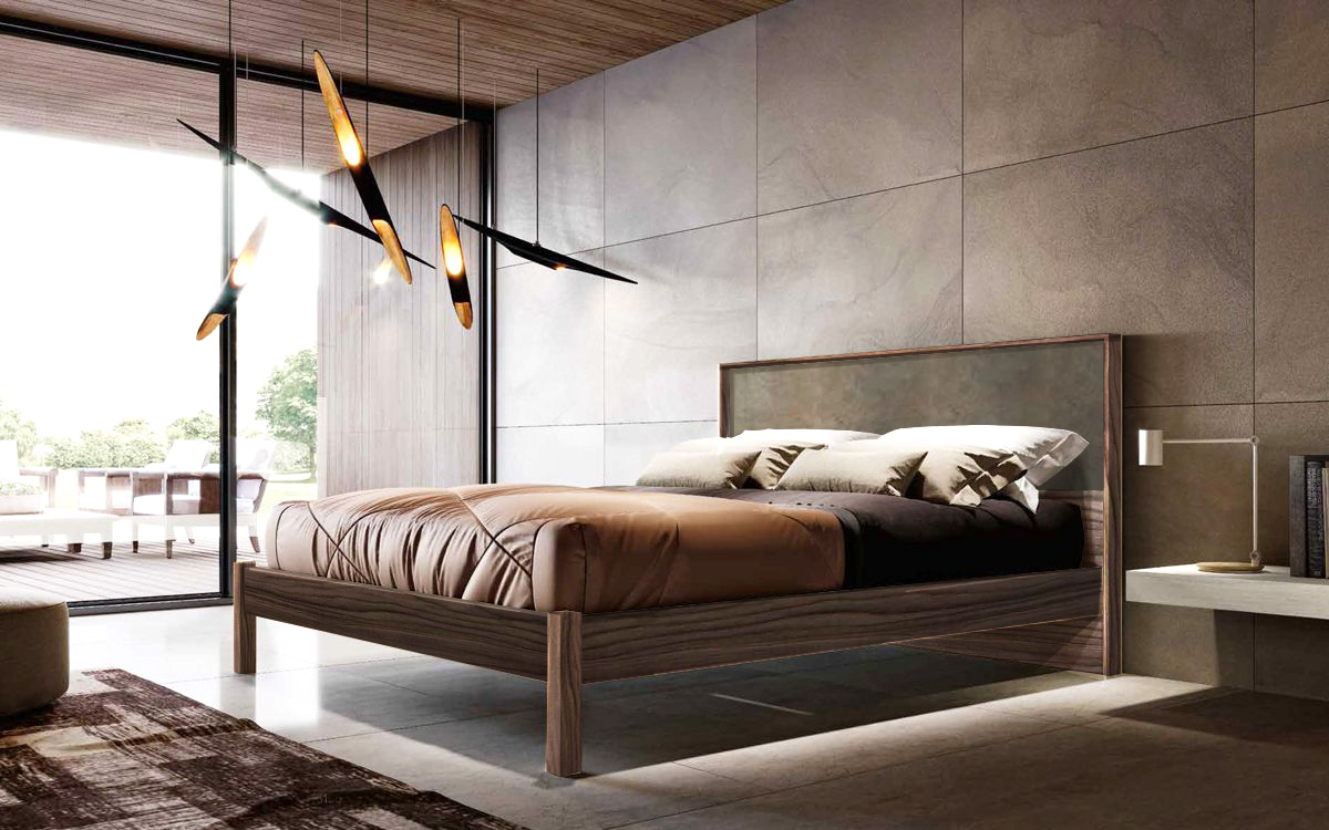 Letto matrimoniale in legno, Noce Moro con inserto Graniglia scura