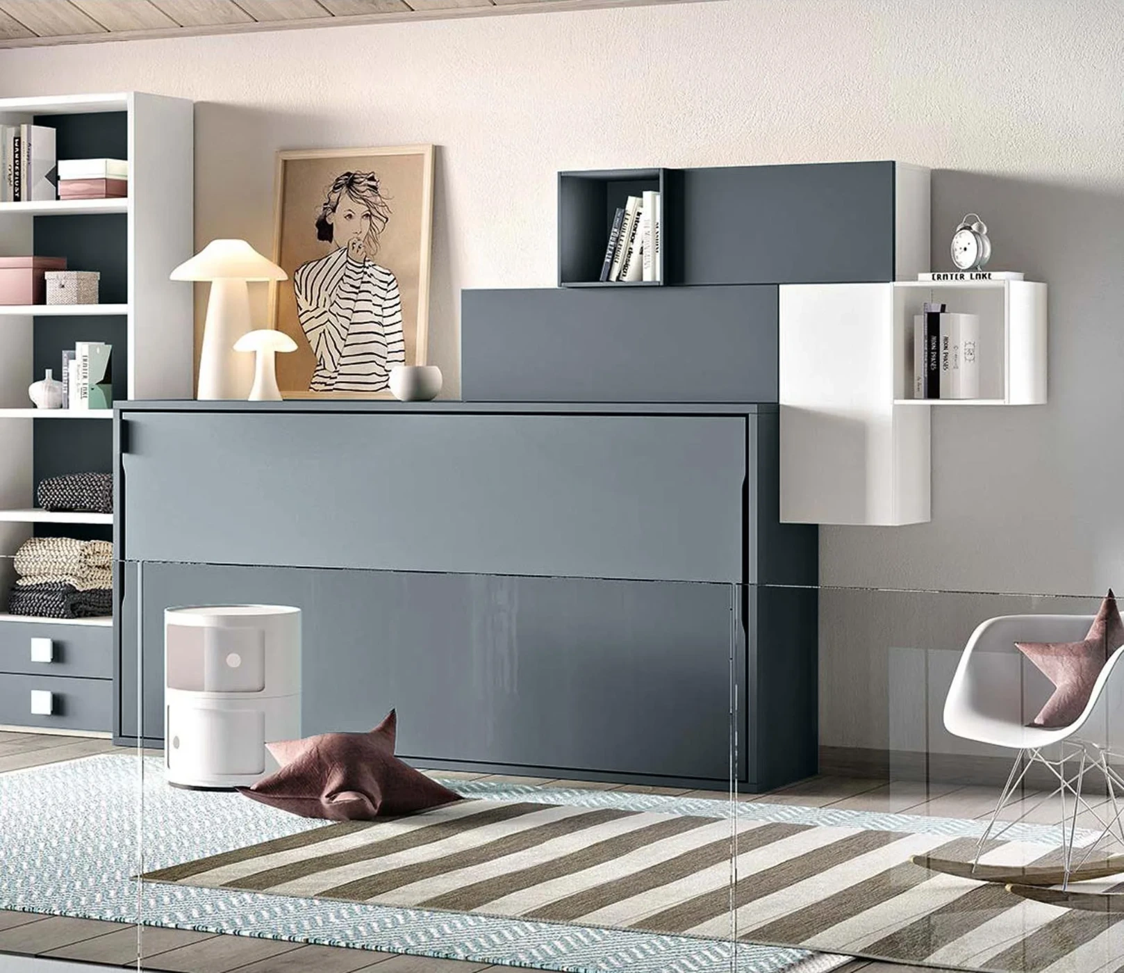 Letto salvaspazio orizzontale in finitura Celeste