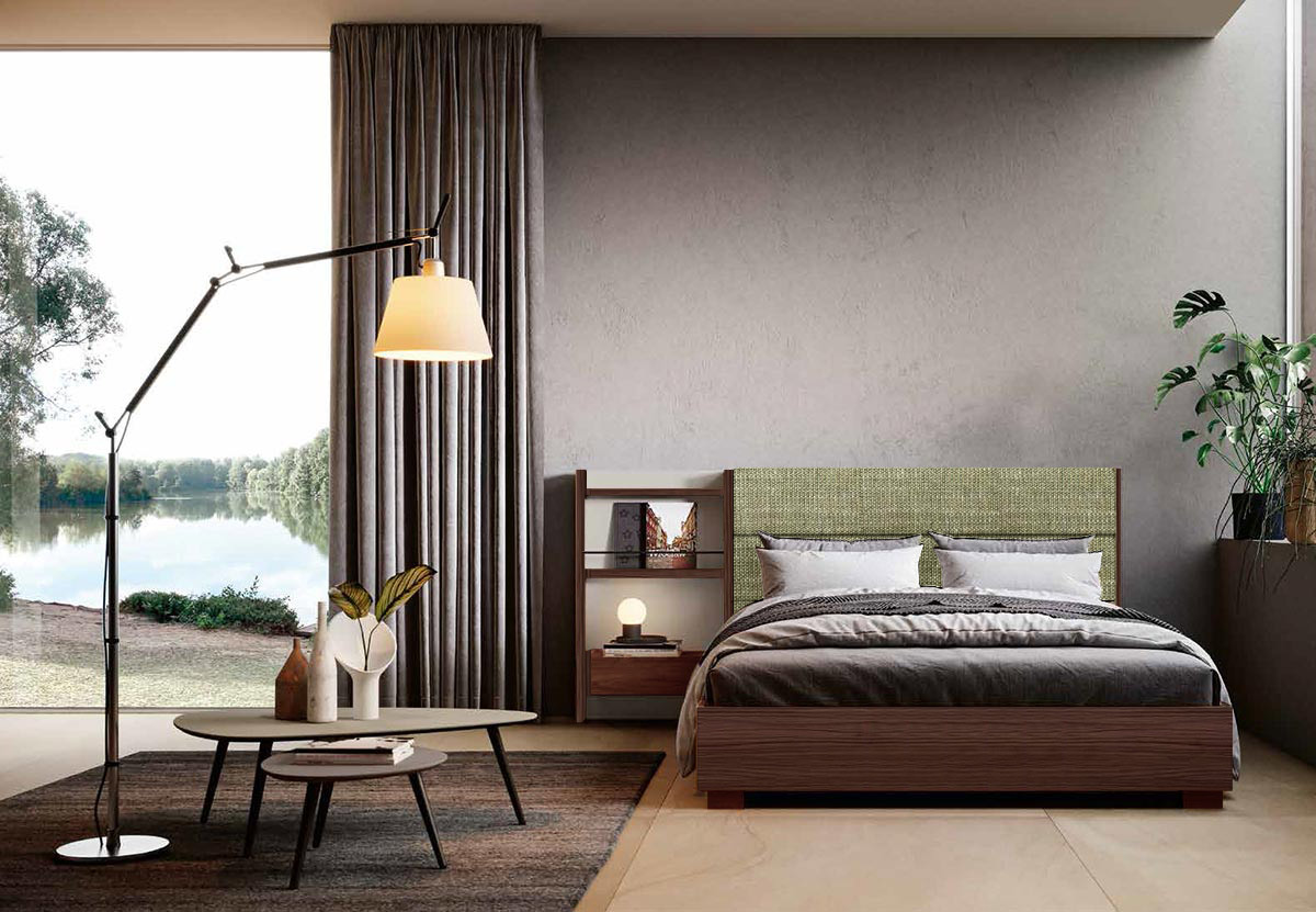 Letto Ester matrimoniale modello king size, finitura Noce Moro, tessuto verde