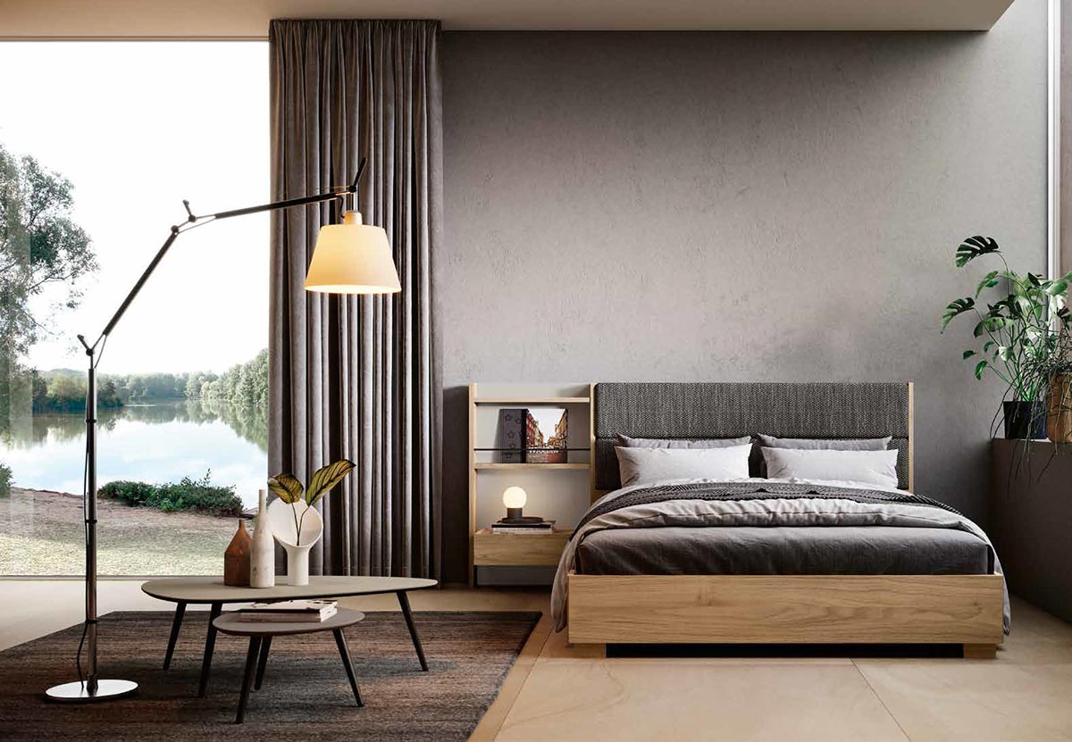 Letto Ester matrimoniale, finitura Noce biondo e Orzo, tessuto spinato nero