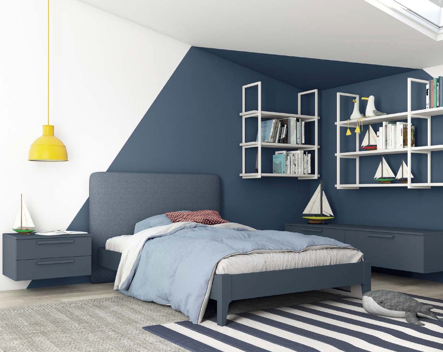 Letto piazza e mezza blu con testata in tessuto Steel