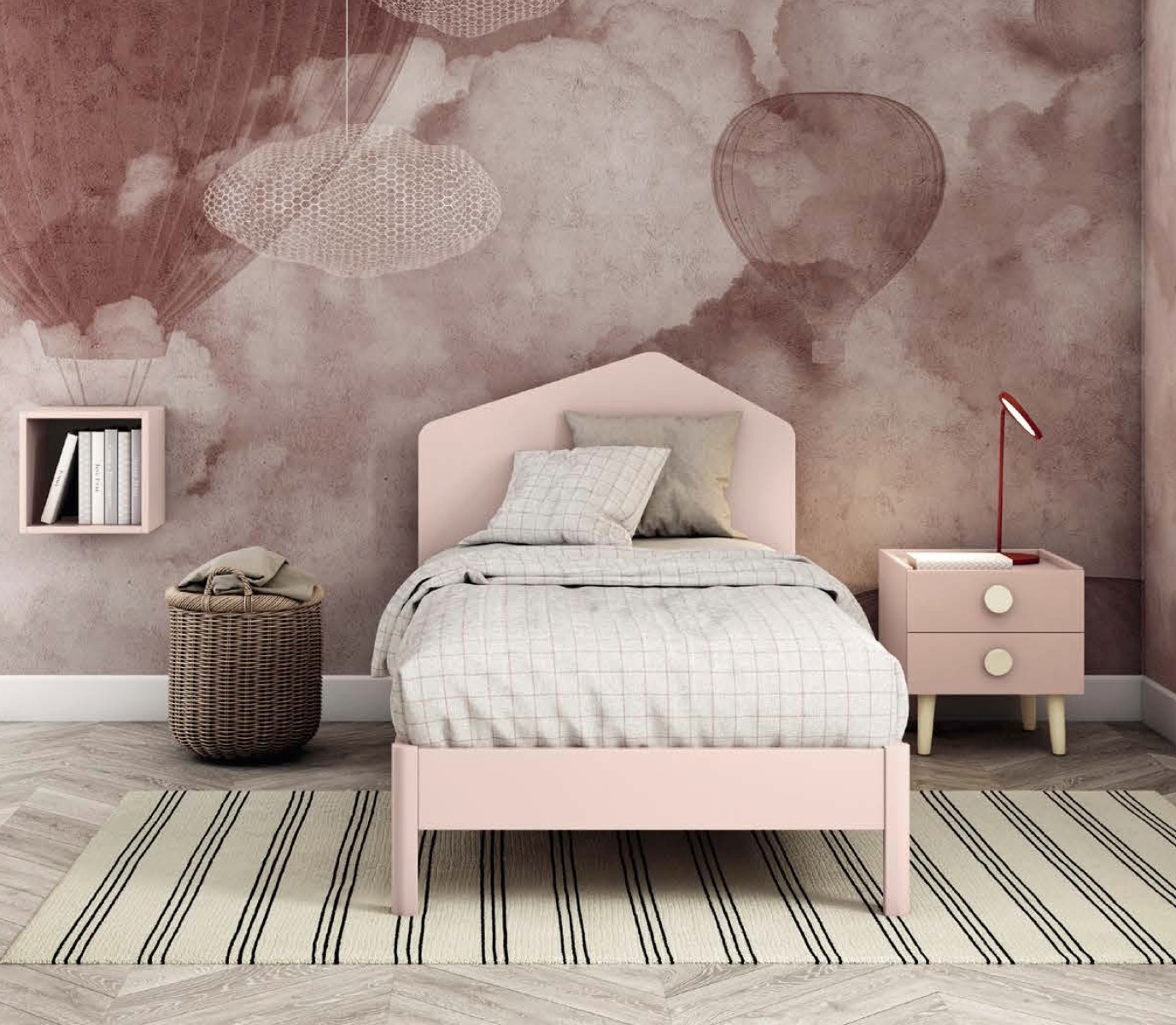 Letto rosa Cipria con testata geometrica per camerette
